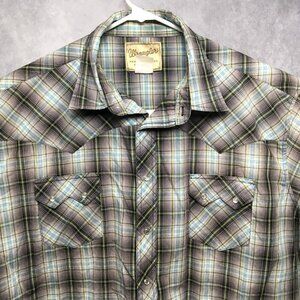 Wrangler Men Pearl Snap Western Shirt size 3XL Short Sleeve Button Up Plaid Gray